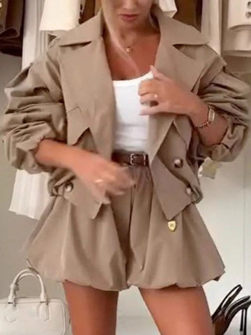 Casual Trench Jacket with Mini Skirt 2 Piece Suits Fashion Lapel Coat Solid Loose Skirt Set Women Elegant Street Skirt Outfits