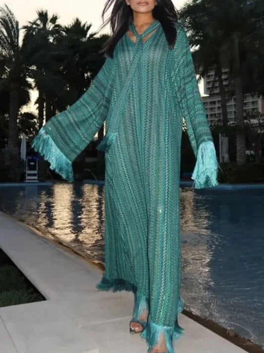 Yitimuceng 2025 New Scarf Women Chic V Neck Full Sleeves Tassels Hem Slim Robes Female Holiday Beach Wear Crochet Long Dress