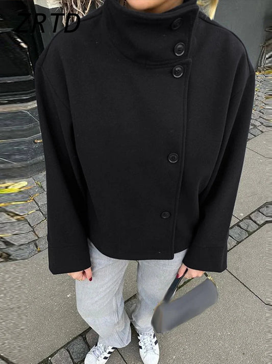 Street Women's Short Woolen Coat Stand Collar Single Breasted Long Sleeve Pockets Jacket 2025 Autumn Lady Casual Commute Outwear