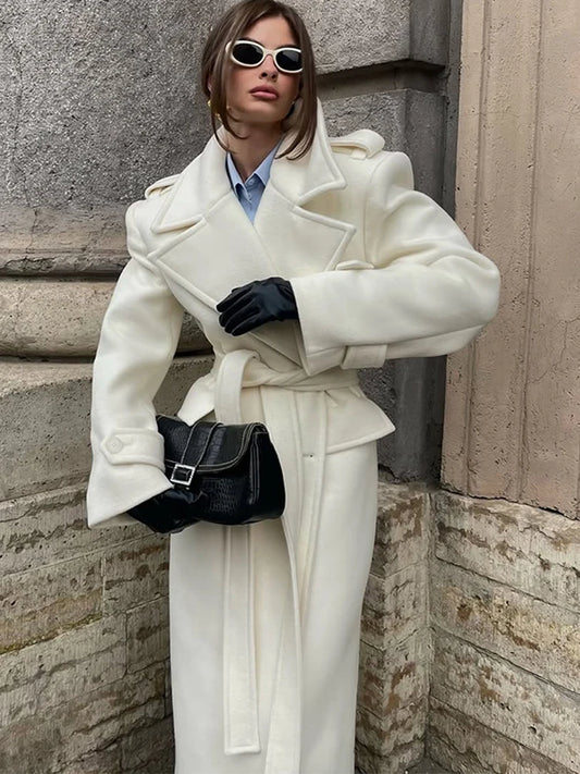 Elegant Solid Lace Up Overcoat Women Fashion Double-breasted Wool Pockets Long Coats 2025 Autumn Winter High Street Outerwears