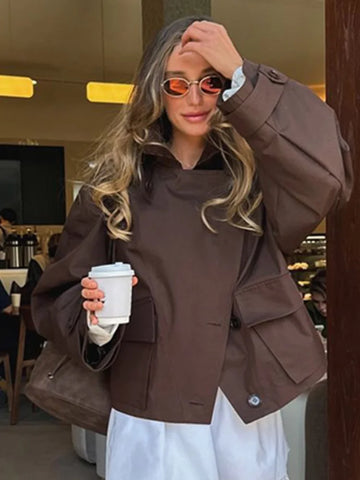 Fashion Solid Short Trench Coat Women Elegant Lapel Full Sleeve Single Breasted Pocket Pocket Jacket Autumn Lady Street Outwear