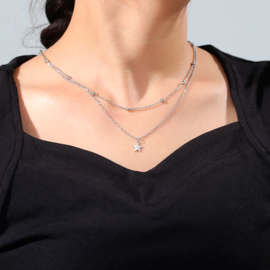 KKjoy Star Pendant Necklace for Women Silver Color Stainless Steel Beads Double Chain Collars Minimalist Jewelry Accessories New