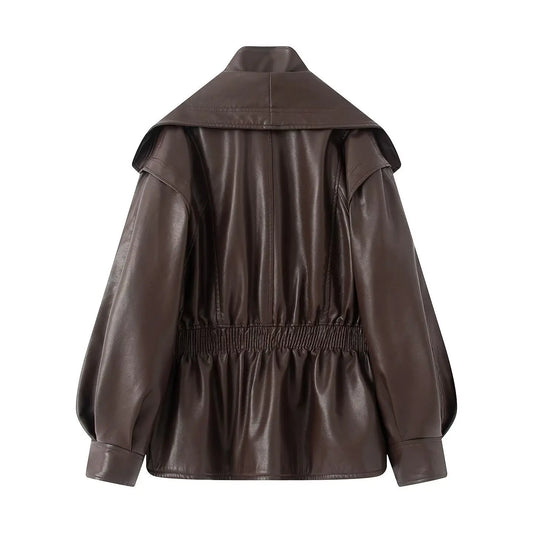 New Fall Winter High Street Warm Brown Zipper Pu Leather Jacket Women Casual Lapel Elastic Waist Cinching Coat Outwear Clothes