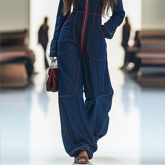 Elegant Deep V-neck Zipper Long Jumpsuits Women Casual Pocket Street Cowboy Romper Fashion Long Sleeve Waist Overalls Playsuits