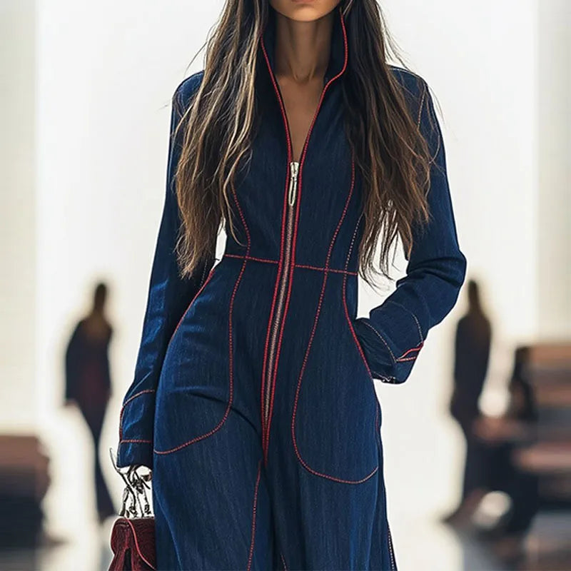 Elegant Deep V-neck Zipper Long Jumpsuits Women Casual Pocket Street Cowboy Romper Fashion Long Sleeve Waist Overalls Playsuits