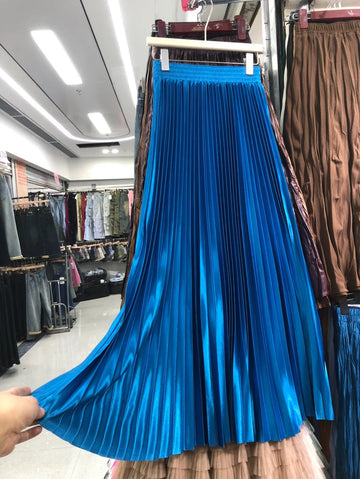 TingYiLi Women's 100cm Long Maxi Pleated Skirt Spring Summer Vintage High Waist Shiny Gold Silver Blue Green Red Straight Skirts