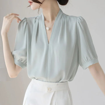 2025 Fashion Summer Short Sleeve V-Neck Women Blouse White Blouse Shirt Women Tops Blouses Shirts Blusas De Mujer Camisas P856