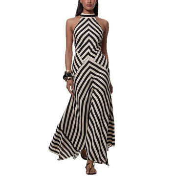 Women Striped Sleeveless Dress Backless A Line Elegant Long Dresses Halterneck Spliced Casual Vestidos Summer Beach 2025