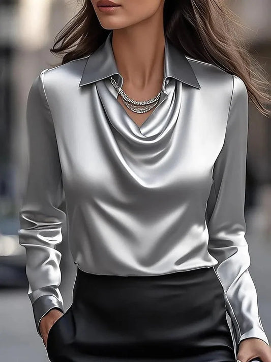 Satin Women's Shirt Retro Long Sleeved Spring Autumn New Style Solid Color Simple Swing Collar Shirt Collar Women's Top