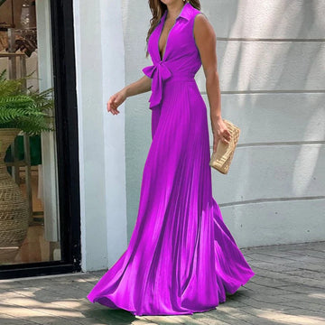 Elegant Deep V Neck Sleeveless Loose Jumpsuit Women Fashion Bow Lace-up Pleated Romper Casual High Waist Solid Playsuit Overalls