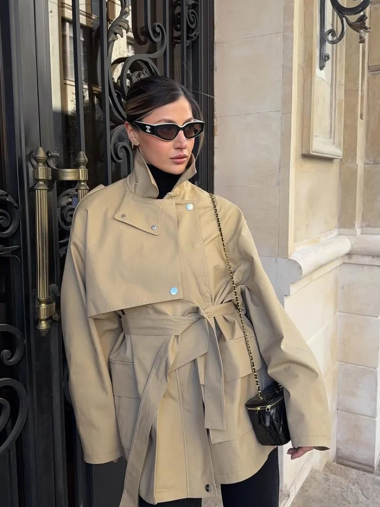 Women Khaki Belt Short Trench Coat Elegant Lapel Long Sleeve Pockets Single Breasted Coat Autumn Lady Casual Daily Street Jacket