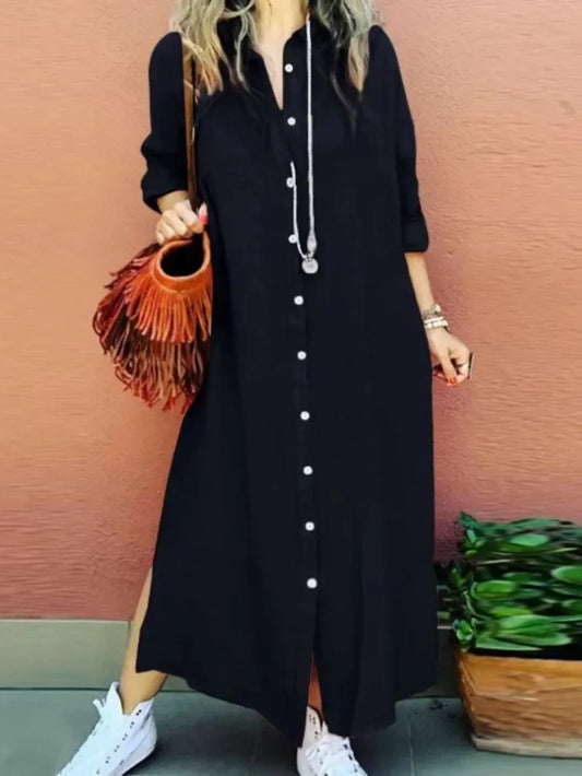 Muslim Women Dress Split Hem Shirt Long Dresses Lapels Long Sleeves Loose Cardigan Shirt Robe Ramadan Vestidos Largos Autumn