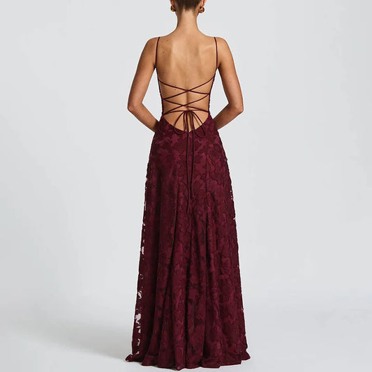 New Sexy Sleeveless Backless Boho Dress Elegant Jacquard Crochet Lace Prom Dresses Summer Solid Slash Neck Embroidery Long Dress