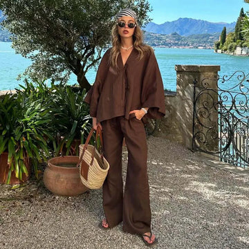 2025 Autumn Fashion Brown Loose Pants Set For Women Casual V Neck Long Batwing Sleeves Lace Up Shirt Suit Ladies High Streetwear