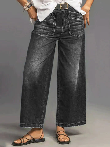 Women's Black Wide-Leg jeans Pants with Stylish Pockets - Trendy and Comfortable Fashion for Every Occasion