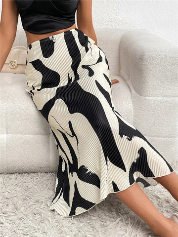 Dressy Casual Graphic Print Pleated Long Skirts Women Autumn Fashion Elastic High Waist Geometry Midi Skirt Streetwear 2023