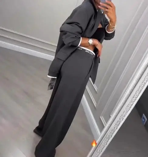 Two Piece Set Women Outfit 2025 Spring Autumn New Grey Commuting Notched Collar Long Sleeve Blazer & High Waist Pants Set