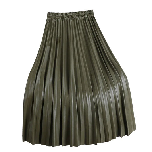 Pleated Mid length Leather Skirt 2025 Autumn/Winter Women's New Korean High Waist A-line Hundred Pleated PU Leather Skirt