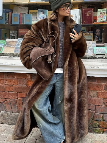 Woman Fashion Mixed Color Lapel Collar Long Coat Elegant Full Sleeve Loose Overcoat New Winter Lady High Street Faux Fur Jacket