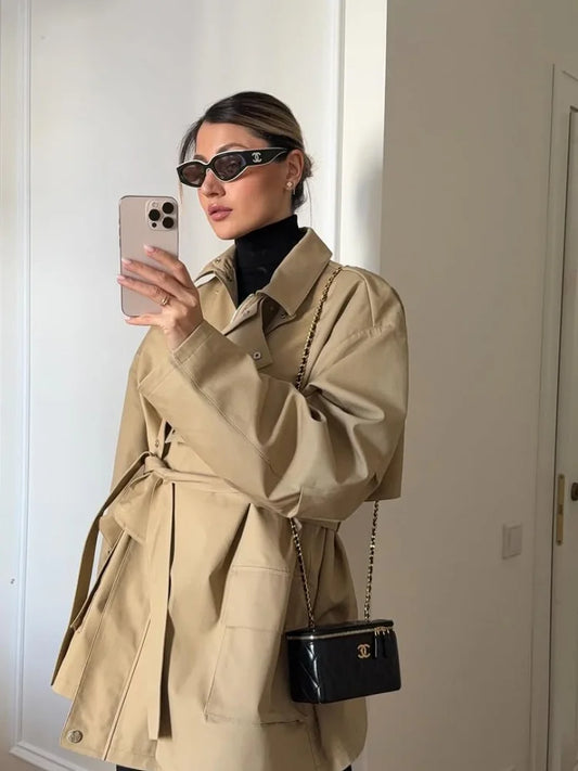 Women Khaki Belt Short Trench Coat Elegant Lapel Long Sleeve Pockets Single Breasted Coat Autumn Lady Casual Daily Street Jacket