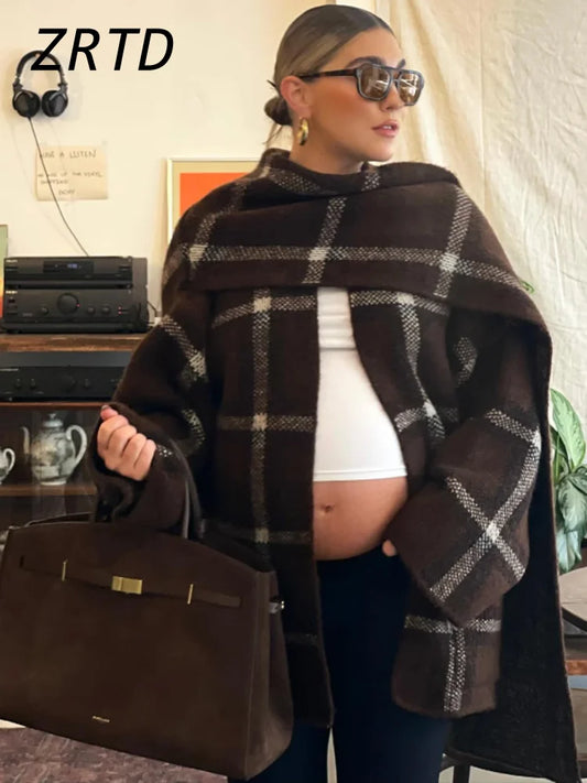 Elegant Women's Knit Plaid Cardigans With Scarf Loose V-neck Pockets Full Sleeve Warm Sweater 2025 Autumn Lady Contrast Knitwear