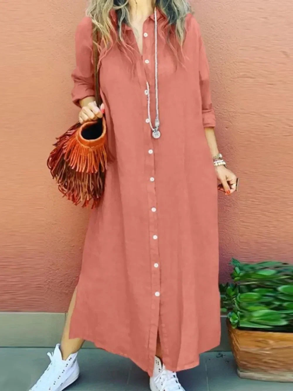 Muslim Women Dress Split Hem Shirt Long Dresses Lapels Long Sleeves Loose Cardigan Shirt Robe Ramadan Vestidos Largos Autumn