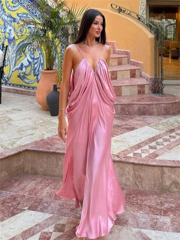 Tossy V-Neck Fashion Elegant Maxi Dress Women's Pleated Spaghetti Solid Patchwork Solid Party Dress Evening Female Halter Dress